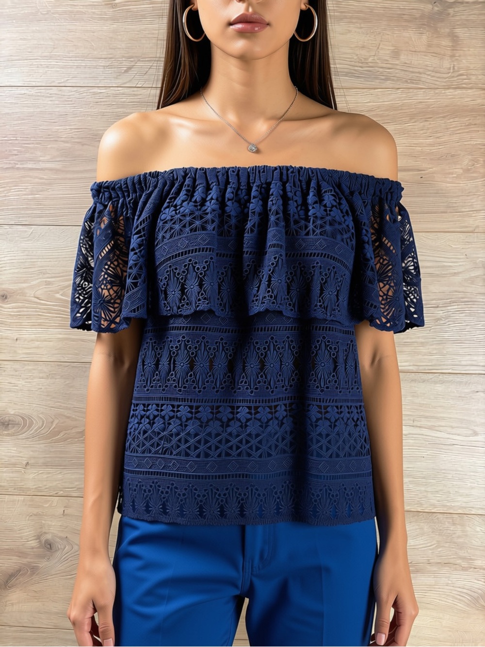 LIKELY Off-Shoulder Navy Lace Top XS